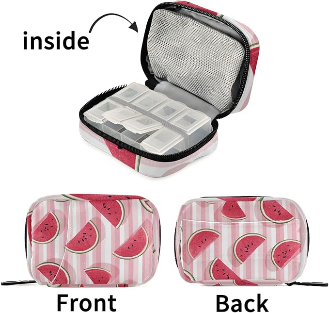 Pink and White Striped Juicy Watermelon Slices Travel Pill Organizer Case Box Container Weekly Portable Vitamin Medicine Holder Storage Bag with Zipper Removable