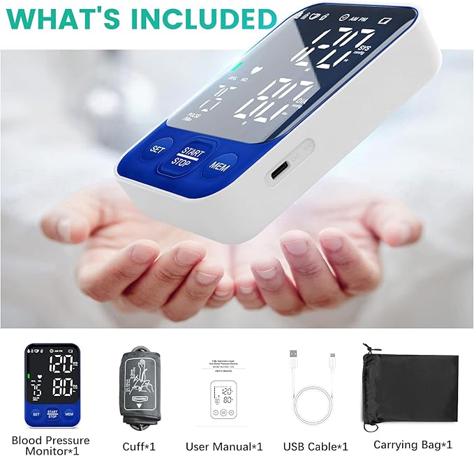 Blood Pressure Monitor Upper Arm Monitors for Home Use BP Machine with 2x120 Reading Memory Adjustable Arm Cuff 8.7"-15.7" Large Display with LED Background Light Storage Bag Navy