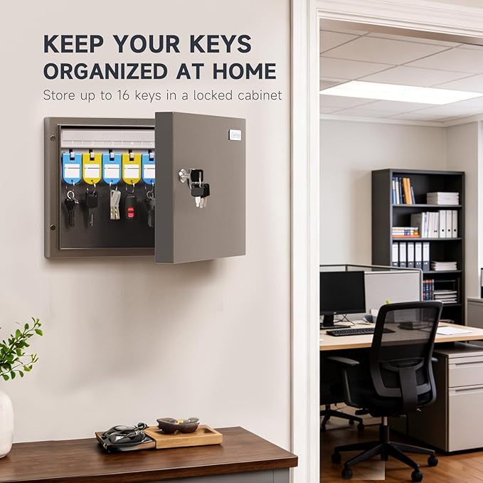 16 Key Lock Box – Wall Mounted Key Cabinet with Magnetic Door & Key Tags, Steel Lockable Key Organizer for Home, Garage & Small Office