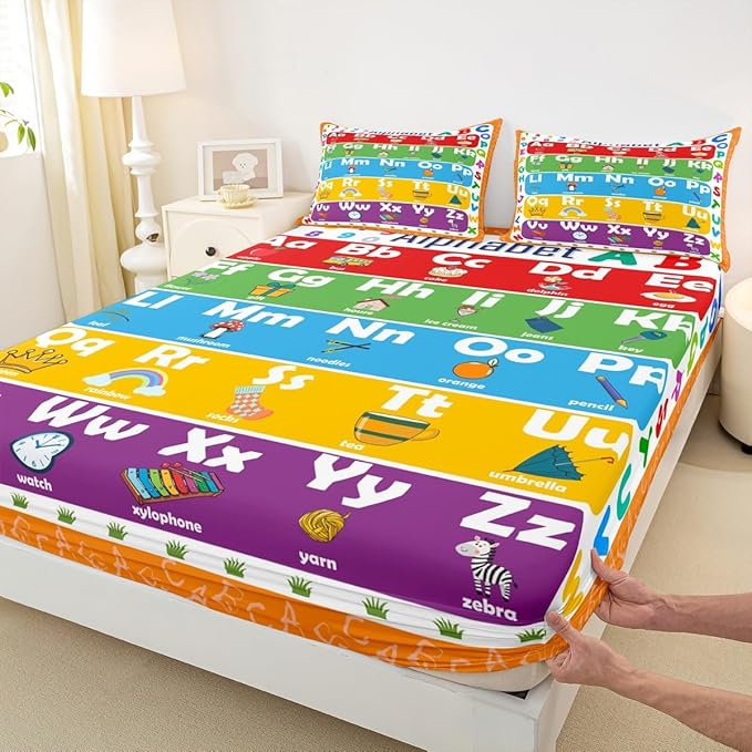 ABC Alphabet Bed Sheet Set Twin Size, Learning Alphabet Fitted Sheet Kids Toddler Educational Bedding Set Word Educational Bed Cover (1 Pillow Case and a Fitted Sheet)