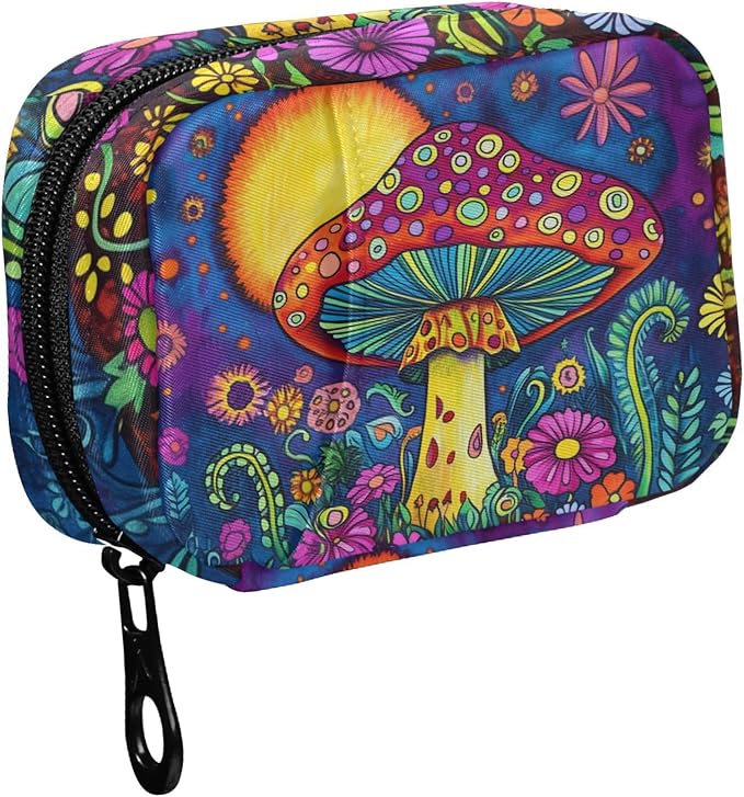 Fustylead 60s Hippie Colorful Art Mushroom Travel Pill Organizer Case Zipper for Purse with Removable Weekly Pill Box for Medicine, Vitamin, Supplement Medicine Organizer