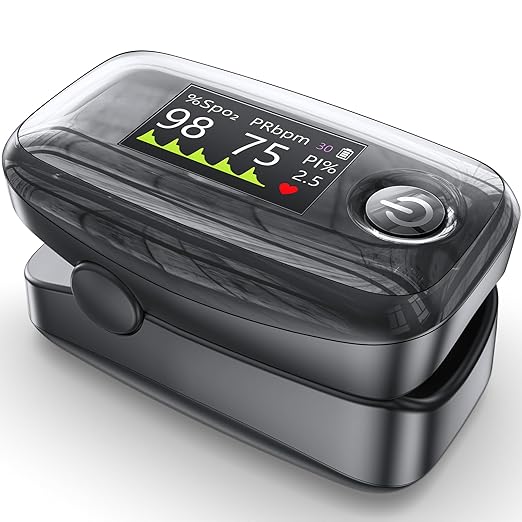 YM504 Pulse Oximeter, 4 Color TFT-OLED 20 × Memory Oxygen Monitor Fingertip, Blood Oxygen Saturation Monitor with Alarm, Batteries and Lanyard (Black)