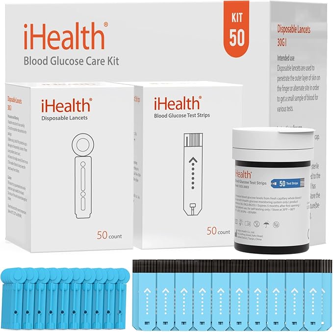 iHealth Blood Glucose Test Strips 50 Count, Lancets for Diabetes Management 50 Count, Compatible with iHealth Blood Glucose Monitor Only