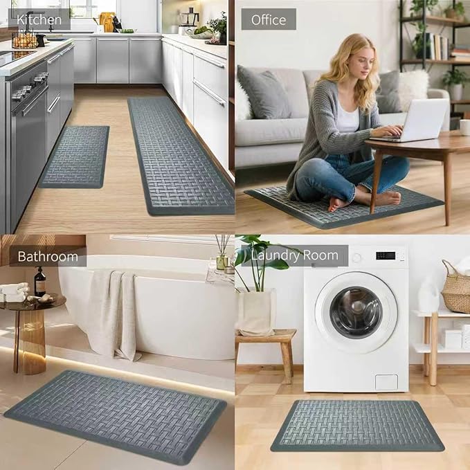 2PCS UKISS Kitchen Rugs, Cushioned Anti Fatigue Kitchen Mats for Floor, Waterproof Kitchen Rug，Non-Slip Comfort Standing Mat for Kitchen (Grey, 17.3"x28"+17.3"x60")