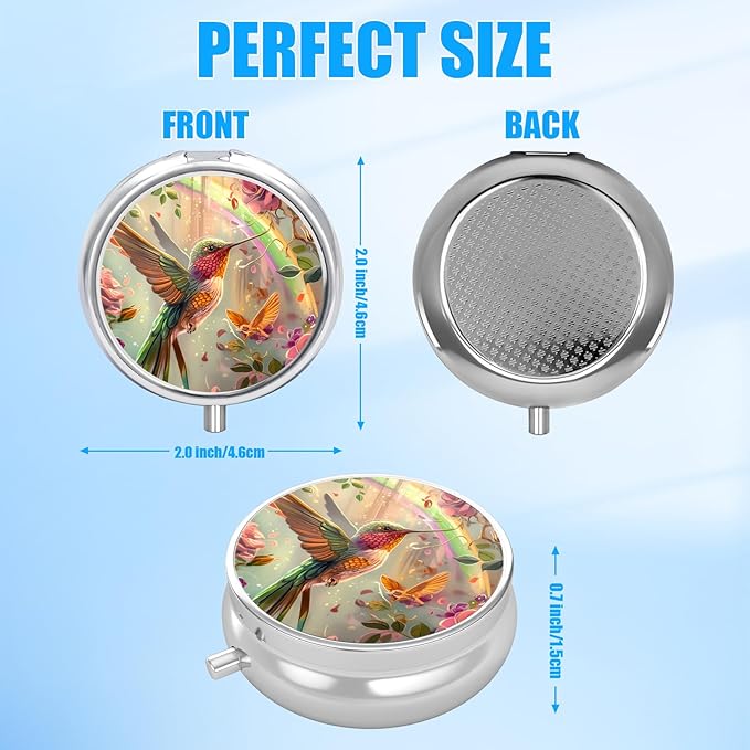 Pill Box, 3 Compartments Small Pill Case Travel Portable Metal Medicine Box with Mirror Mini Container for Purse Pocket Women Men（Humming Bird）