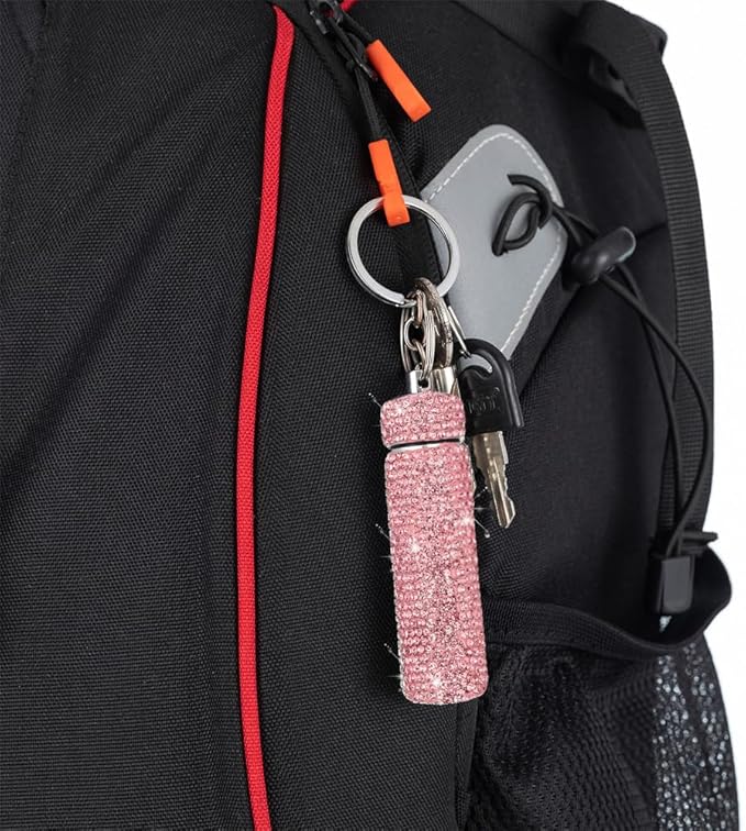 Bling Rhinestone Pill Case Portable Waterproof Pocket Pill Holder Bottle Storage with Keychain for Travel, Outdoor, Camping (Pink)