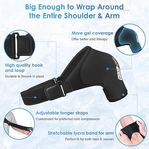 Comfitech Shoulder Ice Pack Wrap Rotator Cuff Cold Therapy Compression Sleeve for Better Putting On & Off & XL Migraine Relief Cap & Neck Ice Pack, Headache Relief Cap & Ice Pack for Neck