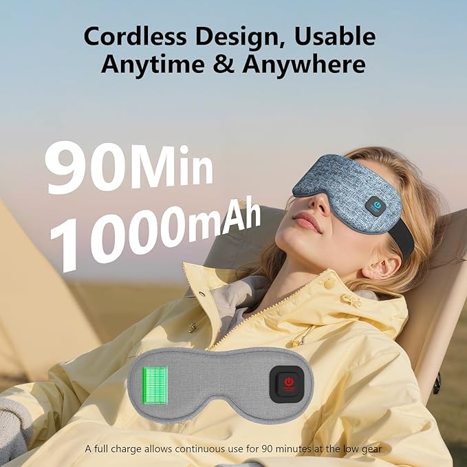 Cordless Heated Eye Masks for Dry Eyes|Eyes Fatigue|Warm Eye Compress and Improved Sleep,Buit-in 1000mAh Battery, 3-Speed Temperature,Detachable Cleaning,Replaceable Shell,Gift(Blue)