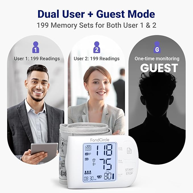Wrist Blood Pressure Monitor, Bluetooth Automatic Blood Pressure Cuff for Home Use, Talking Digital Machine with Smart App Sync, 3-User Mode 398 Memory, (5.3"-8.5" in Cuff)