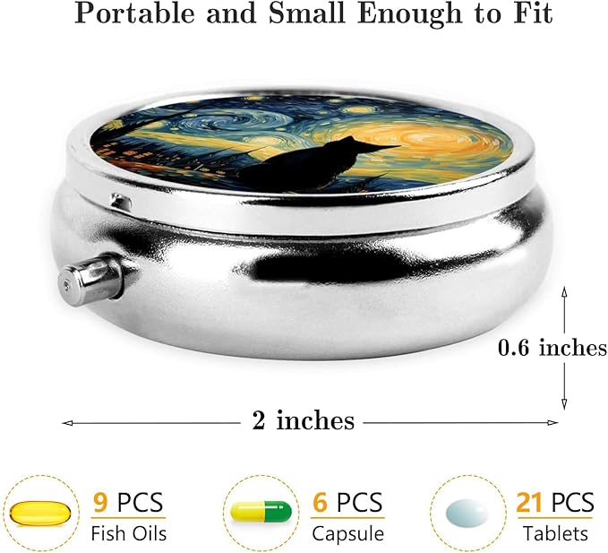 Pill Box, Small Pill Organizer with 3 Compartments and Mirror, Cute Round Portable Travel Metal Pill Case for Pocket or Purse, Privacy-Protecting Medicine Box-Starry Sky Cat