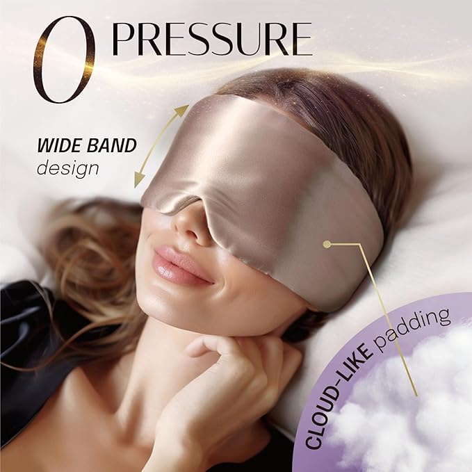 Silk Sleep Mask Soft Pressureless: 100% Mulberry Silk for Eye Skin Anti Wrinkles, Large Size for Total Blackout, Adjustable Wide Velcro Ear Cover