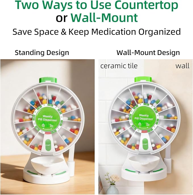 JULOS Daily Pill Organizer with One-Press Button for Elderly, Large 14 Compartment with Cup, Wall Mounted or Countertop Medicine Dispenser, Easy Pill Holder for Medicine, Vitamin or Supplements, Green