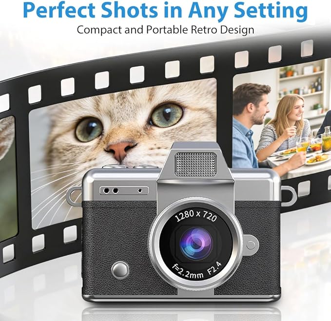 Mini Camera with Flip Screen, 2026 New Mini Digital Camera with 1.47 in LCD Screen, 1080P FHD Recording with 0.96" IPS Screen with 6 Retro Filters AVI, 32GB No Memory Card Included (Blue)