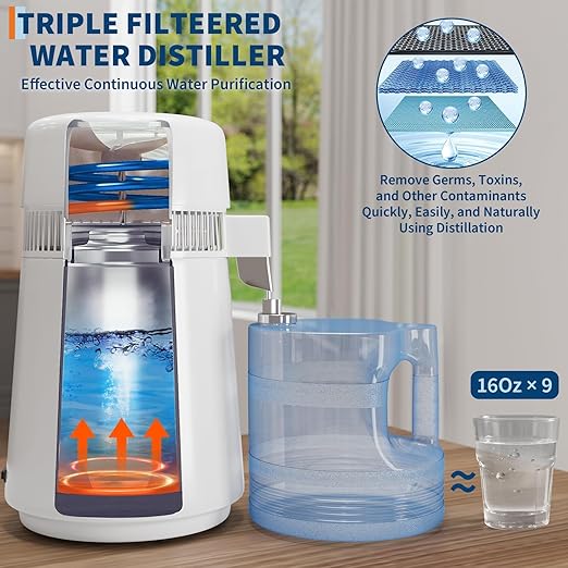 4L Countertop Stainless Steel Distilled Water Purifier, Distilled Water Making Machine with Plastic Container, Ideal for Household, Workplace, Lab, and Aquarium Usage-White