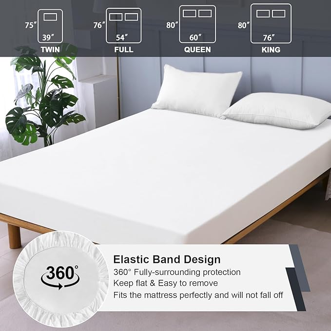 Twin Mattress Protector Waterproof, Fitted Sheet Style Breathable Mattress Cover with Deep Pocket Fits Up to 18'', Noiseless Bed Cover for Kids Adults Pets, Machine Washable (White, 39'' X 75'')