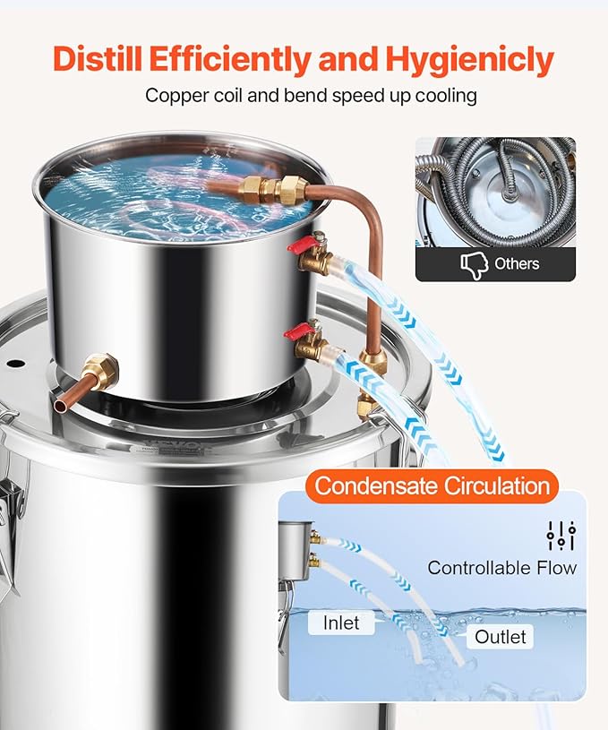 VEVOR Alcohol Still, 5 Gal / 19 L Stainless Steel Water Alcohol Distiller with Copper Coil, Home Brewing Refining Fermentation Kit with Thermometer, for Wine Whisky Brandy, Silver