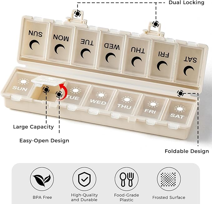 Foldable Pill Organizer Weekly 2 Times a Day, 7 Day Portable AM PM Travel Pill Case with Black&White Labels, Dual-Protection Daily Medicine Box, Large Pill Container for Vitamin/Supplement-Khaki