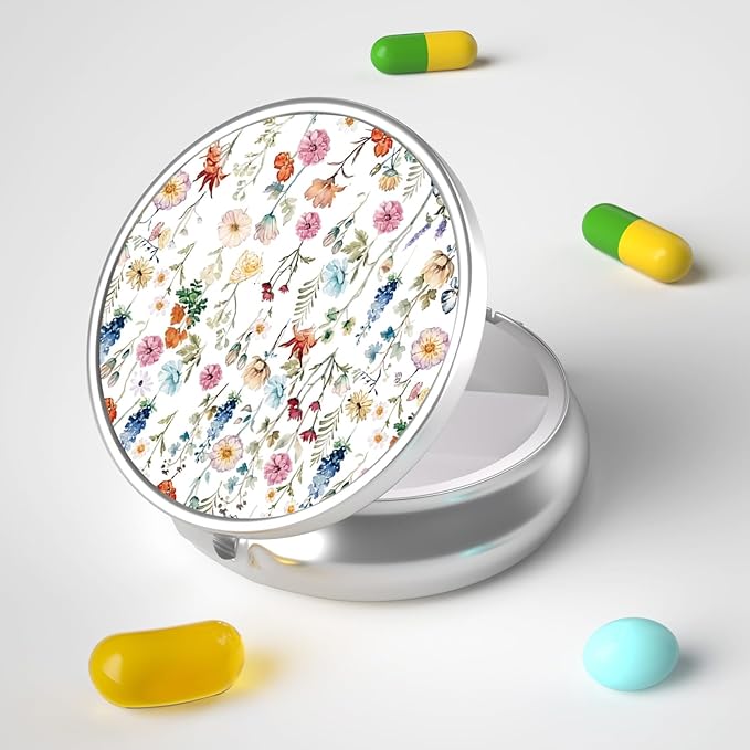 Pill Box, 3 Compartment Portable Travel Medicine Box with Mirror, Compact and Cute, Fits in Purse and Pocket, Medicine and Vitamin Organizer (Little Flower)