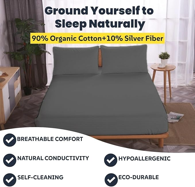 OKOHEY Grounding Fitted Sheets with 15ft Earthing Cord, Queen Size, 90% Organic Cotton + 10% Silver Fiber, Soft & Breathable Grounded Sheet for Better Sleep and Enhanced Wellness, Gray