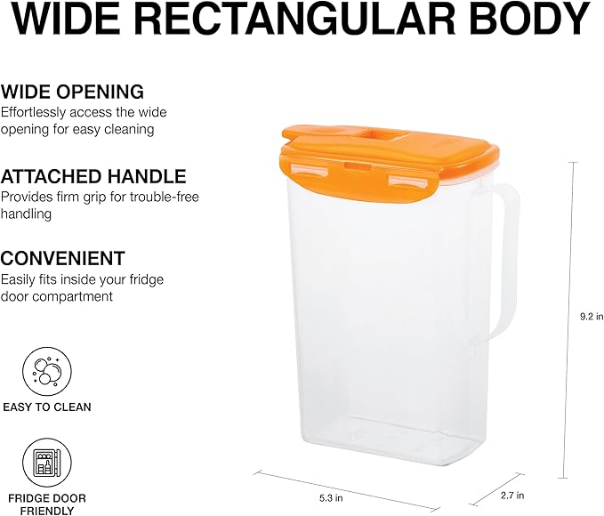 LocknLock Aqua Fridge Door Water Jug with Handle BPA Free Plastic Pitcher with Flip Top Lid Perfect for Making Teas and Juices, 2 Quarts, Orange
