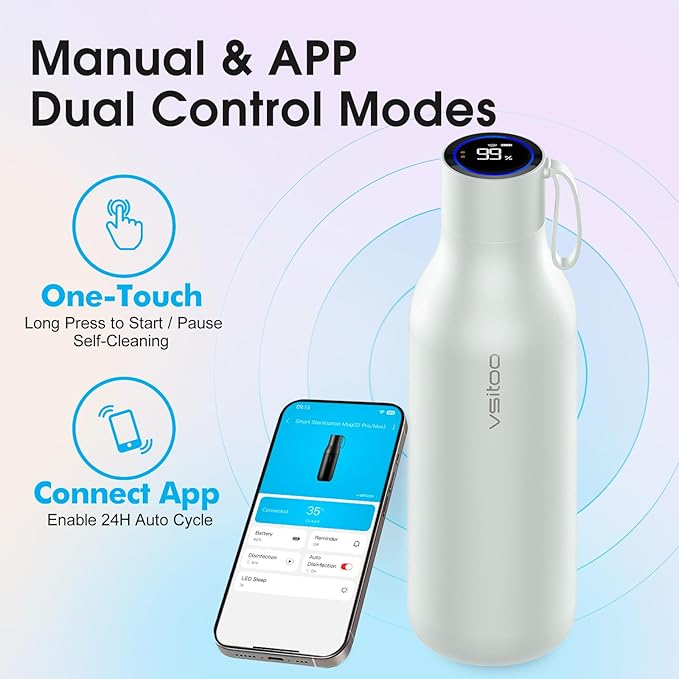 VSITOO 33oz Smart Self-Cleaning Water Bottle，Large Insulated Stainless Steel Bottle with AI Self-Clean, 30-Day Battery & Magnetic Charging for Outdoor Travel, Gym or Office, White