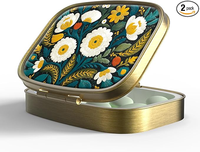 Small Pill Box Pill Case with Mirror Retro Pocket 2 Compartment Pill Holder for Purse or Pocket Bronze Portable Medicine Vitamin Container Fish Oil and Supplement Storage BPA-Free(Daisy)