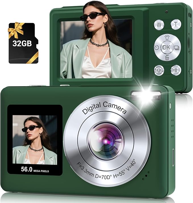 Digital Camera, 56MP 2.7K Dual-Screen Selfie Camera with 16X Zoom, 20 Filters & Anti-Shake, Portable Point and Shoot Digital Cameras with 32GB Card, Compact Travel Cameras for Beginners Teens Kids