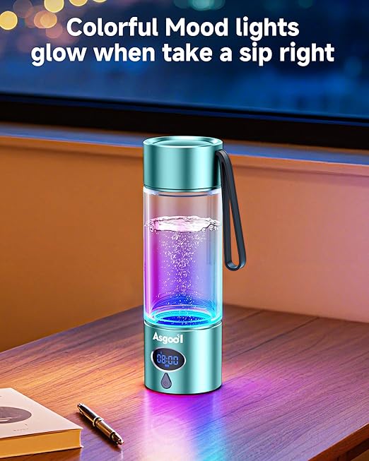 Hydrogen Water Bottle - 5000 PPB in 8 Minutes, Cyclic Mode for 8 Hours, Self Clean, Aluminum & Glass, for Travel Sports Office Home, Gift for Father Mom Family Friends Clients(CyanBlue, 12Oz)