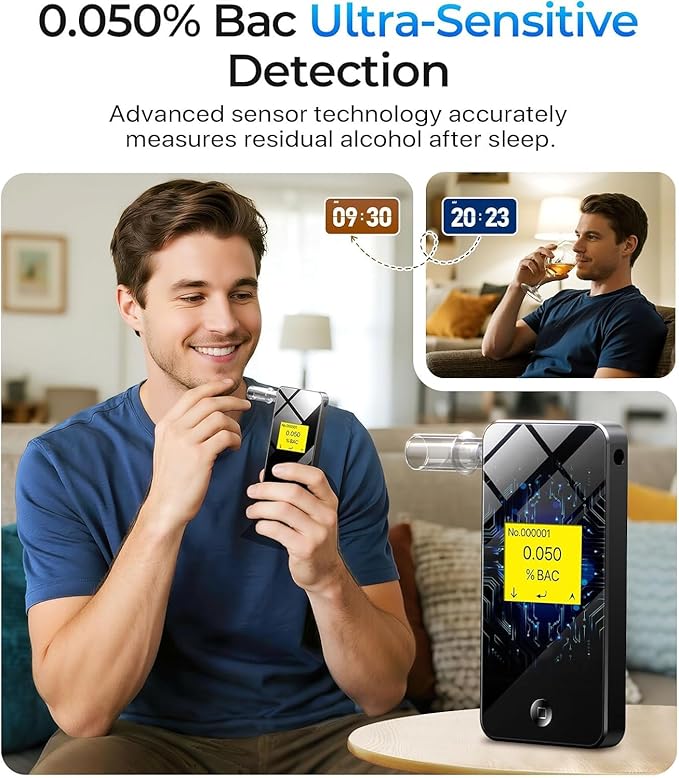 Breathalyzer, 2026 Upgraded Alcohol Breathalyzer Tester with USB Rechargeable & LCD Display, Portable Personal Breathalyzer for Home and Travel Use (Includes 10 Mouthpieces) (Black)