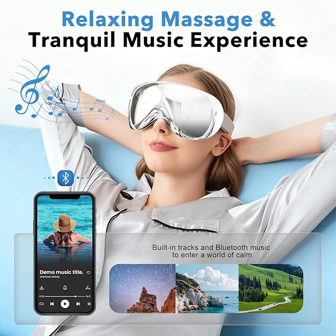 Eye Massager with Heat and Cooling for Migraines – 14 Massage Nodes for Eye Strain Relief, Rechargeable Bluetooth Music, Improve Sleep,Eye Strain Relief, Birthday Gifts for Women and Men(sliver)