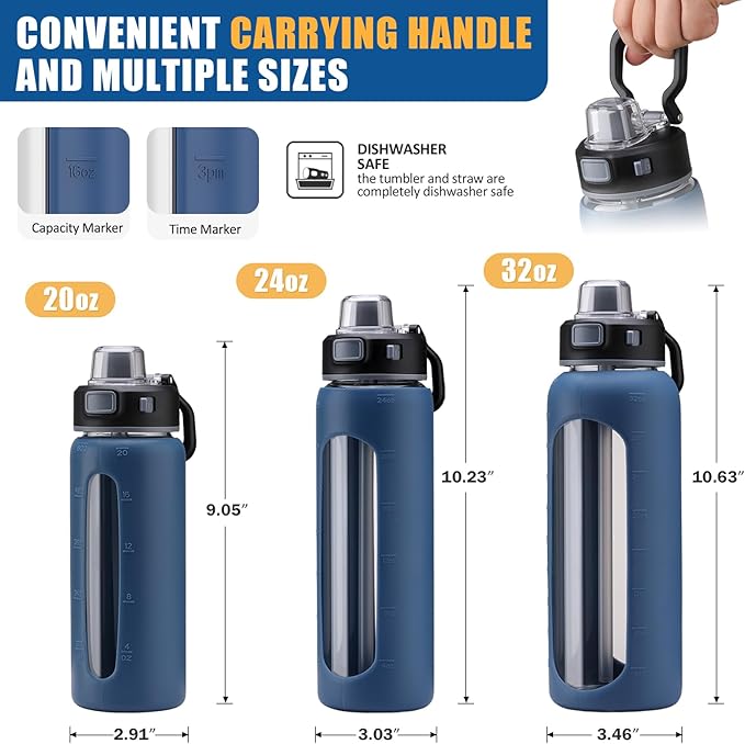Kodrine 24oz Glass Water Bottle With Straw-2 lids-Reusable Daily Water Intake Glass Bottle with Measurements,Silicone Sleeve, Time Marker, Cupholder Friendly for Home,Gym,Sports-Blue