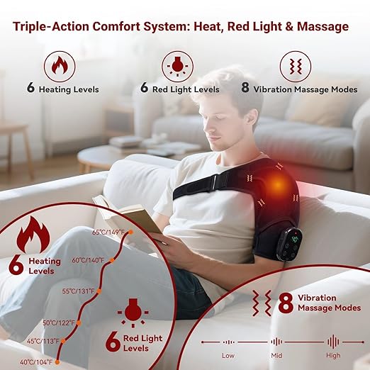 Cordless Shoulder Heating Pad with Massage, Red Light Massager for Soothe Discomfort, Heated Support Wrap for Muscle Comfort, Men & Women. (Black)