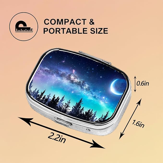 Square Pill Case Small Pill Box with Mirror Pocket 2 Compartment Vitamin Pill Medicine Case Organizer Pill Containers for Traveling Starry Sky Coniferous Forest Moon
