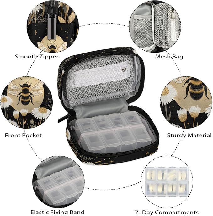 Bees Wild fowers Pill Case Everyday Travel, 7 Day Weekly Medicine Pill Box Compact Portable Pills Bottle Organizer with Zipper for Daily Vitamin Medicine Holder Bottle Organizers Bag