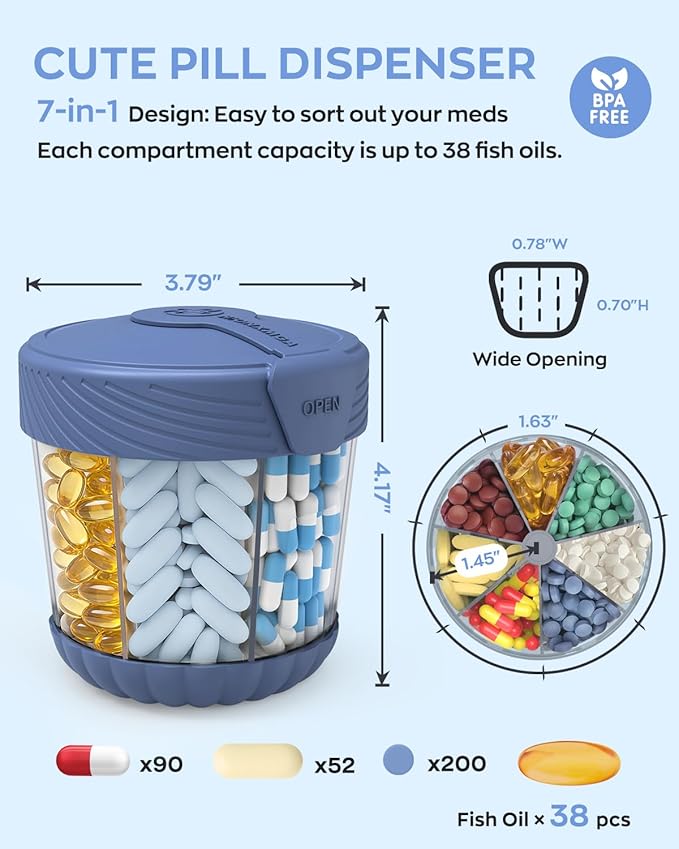 Cute Pill Dispenser with 7 Large Compartments, Portable Pill Bottle Organizer with Wide Opening for Travel, Anti-Mixing Pill Container, Shatterproof BPA-Free, Includes 20 Pcs Labels, Blue