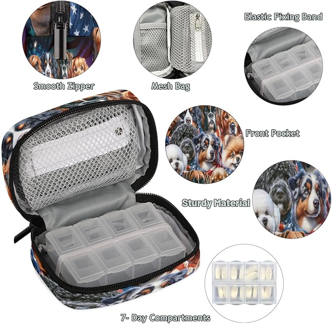 American Flag Animal Dog Travel Pill Organizer Box Weekly Portable Pill Case Daily Pills 7 Day Small Birth Control Pills Container Removable Compartments for Medicine Vitamins Fish Oil