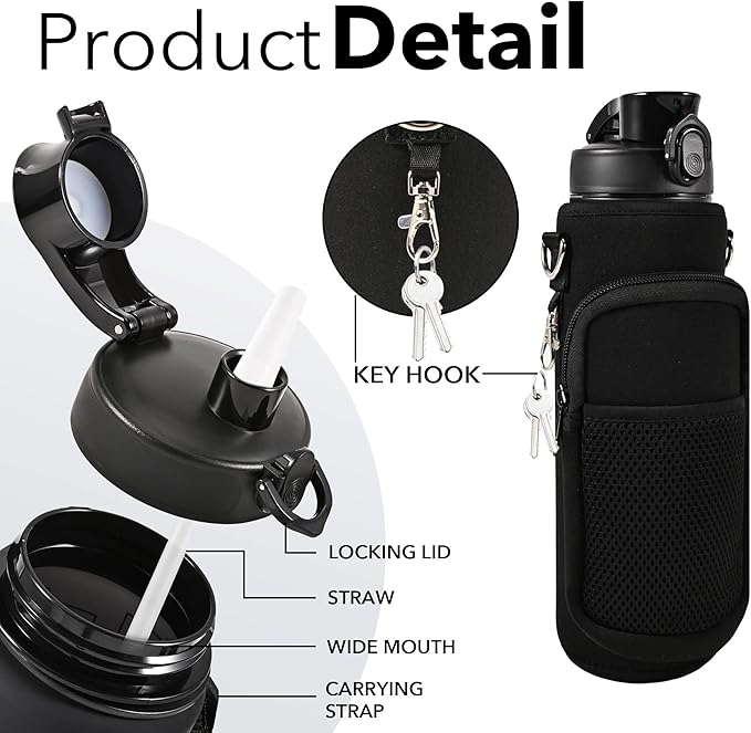 32 oz Water Bottles with Straw & Strap, Motivational Water Bottles with Times to Drink, BPA Free Reusable Sports Water Bottle with Sleeve Carrier for Hiking, Travel, Running or Fitness