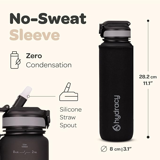 Hydracy Water Bottle with Time Marker -Large BPA Free Water Bottle & No Sweat Sleeve -Leak Proof Gym Bottle with Fruit Infuser Strainer & Times to Drink -Ideal for Fitness Sports & Outdoors
