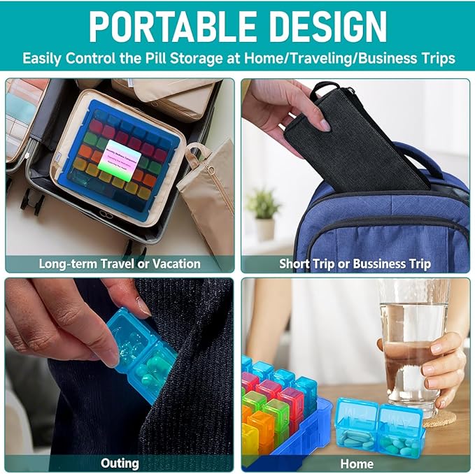 Monthly Pill Organizer 2 Times a Day, Portable AM PM Pill Box with Weekly Travel Bag, Large Capacity Medicine Organizer with Labels, 30 Day Pill Case & Pill Cutter for Medication Management (Blue)