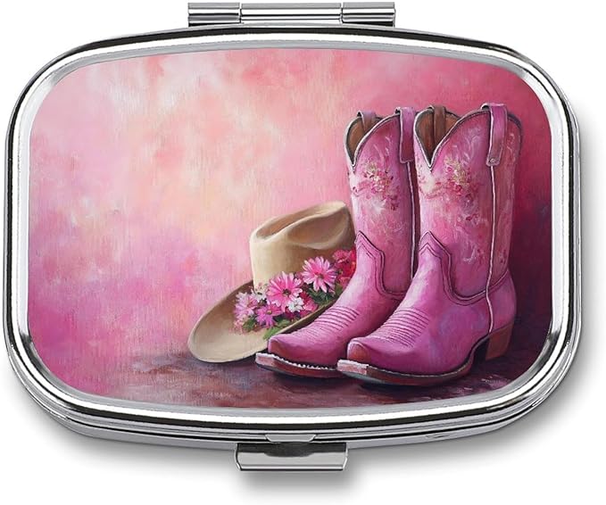 Pink Cowboy Boots with Flowers Pill Box 2 Compartment Portable Medicine Pill Case Travel Pill Organizer for Pocket Purse