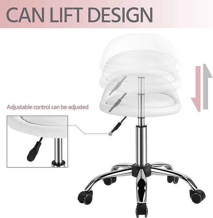Yaheetech Rolling Stool Adjustable Swivel Stools Chair with Wheels & Back Support Round Tattoo PU Leather Salon Stools for Massage Spa, White