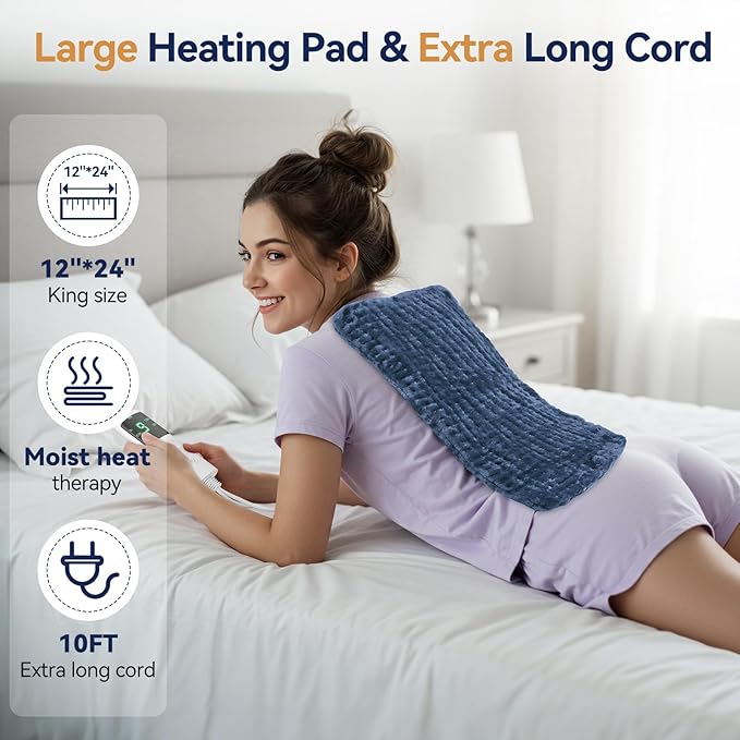 Heating Pad for Back Pain Relief, 24"x12" Electric Heat Pad for Neck, Shoulders, Cramps, Menstrual Pain, 9 Heat Settings & 4 Auto-Off Timers, Soft Flannel, 10FT Cord (Blue)