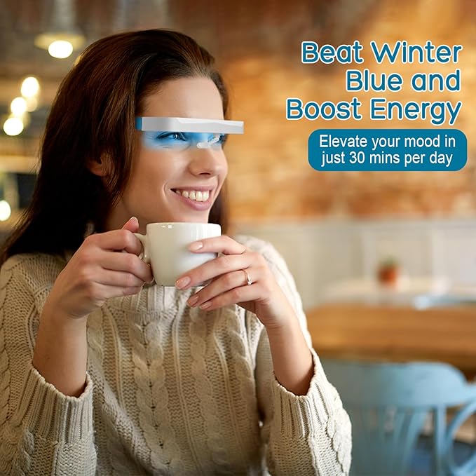 Light Therapy Glasses, Blue-White UV-Free Light Therapy Lamp, Portable Daylight Lamp, Wearable Sunlight Lamp, Boost Energy, Relief for Sleep Problems, Jet Lag, Equivalent to 10000 Lux
