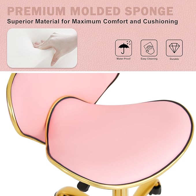 Rolling Stool with Back Support, Salon Stool with Wheels for Spa, Cute Swivel Chair for Lash, Nail Tech and Hair Stylist, Height Adjustable Chair for Massage Beauty Makeup-Pink