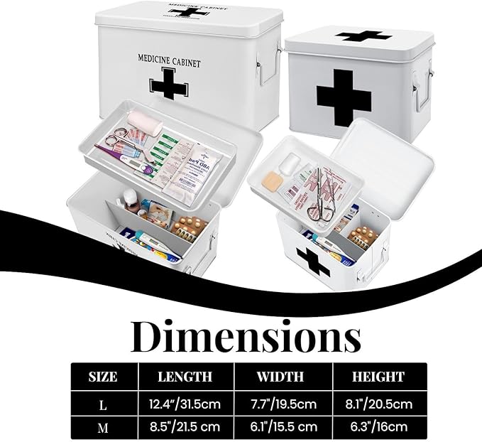 Flexzion First Aid Medicine Box Supplies Kit Organizer - Empty 8" White Metal Tin Medic Storage Bin Hard Case with Removable Tray Gold Cross, Vintage Antique Boxes for Home Family Emergency Tool Set