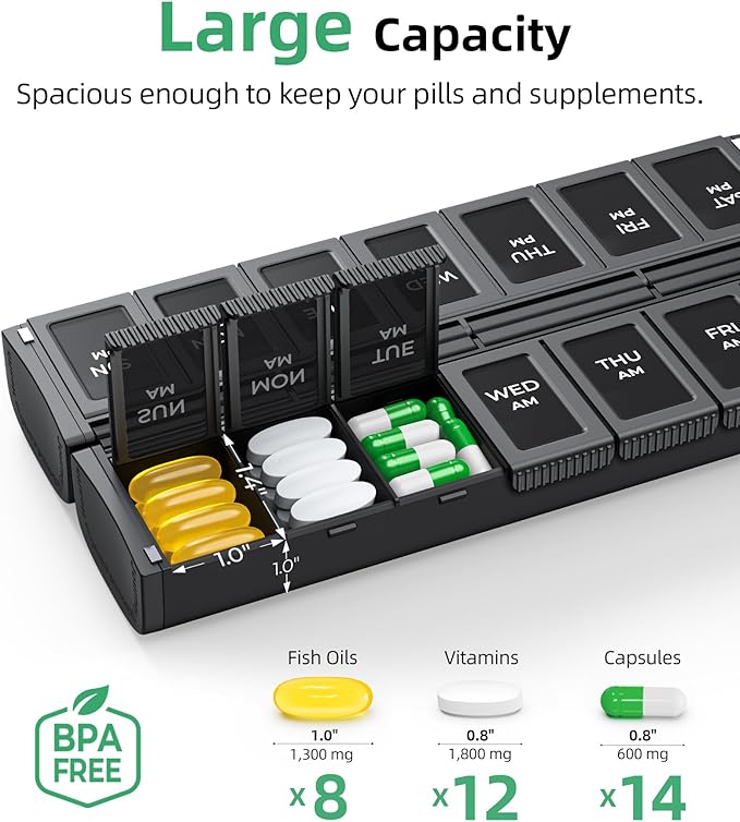 PULIV Weekly Pill Organizer 2 Times a Day with Magnetic Foldable Design for Dual Protection, Large AM PM Pill Box Case for Travel, Compact Medication Organizer for Vitamins, Fish Oils and Supplements