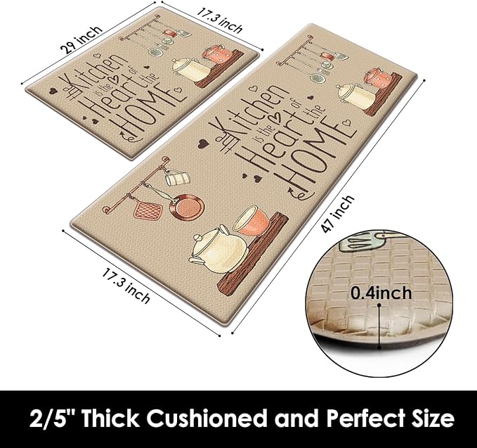 Arttown Farmhouse Anti-Fatigue Kitchen Rug Set of 2 Brown Quotes Cooking Cushioned Floor Standing Mat Waterproof Non-Slip Mat and PVC Ergonomic Comfort Foam Rug