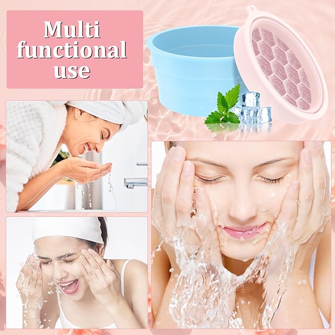 Face Bowl for Ice with Built-In Icetray, 2Pcs Foldable and Portable Ice Bath Face Bowls, Silicone Bowl for Dipping face ice Bath, Easy Storage and Carrying, Dipping face ice bath at Home and Travel