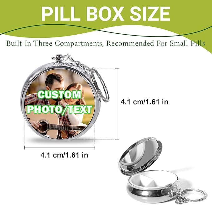 Custom Pill Box Organizer Travel With Photo,Logo,Text Personalized Metal Medicine Pill Case Waterproof Tablet Vitamin Holder Organizer for Purse Pocket Travel Gifts with Mirror&Key Rings 3 Compartment