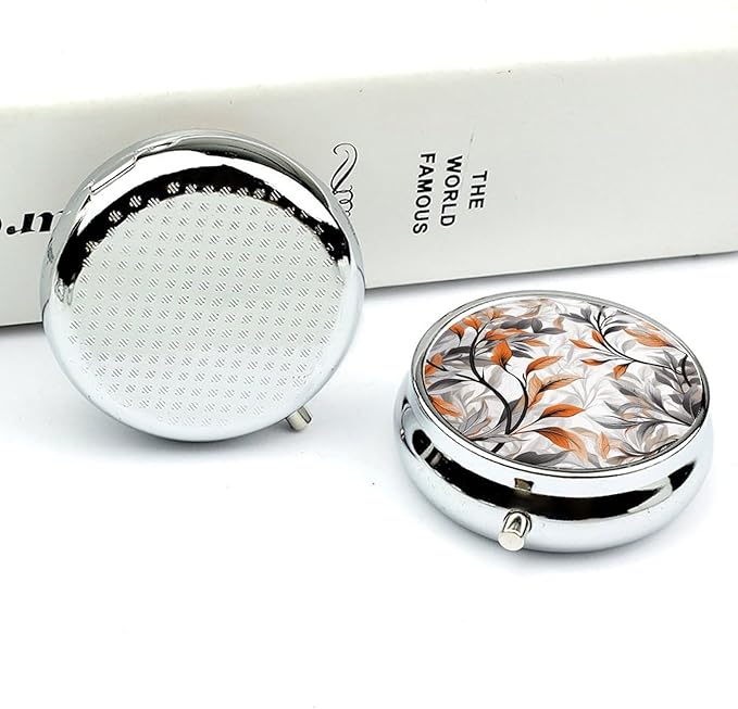 Orange and Gray Leaves Pill Box Travel Pill Case for Purse Pocket Weekly Medicine Organizer with Mirror 3 Compartment Round Medicine Case Portable PillcaseHolder for Daily
